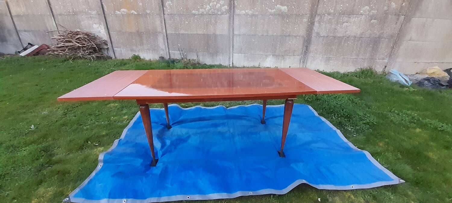 Dining table with 2 extensions, marquetry veneer.