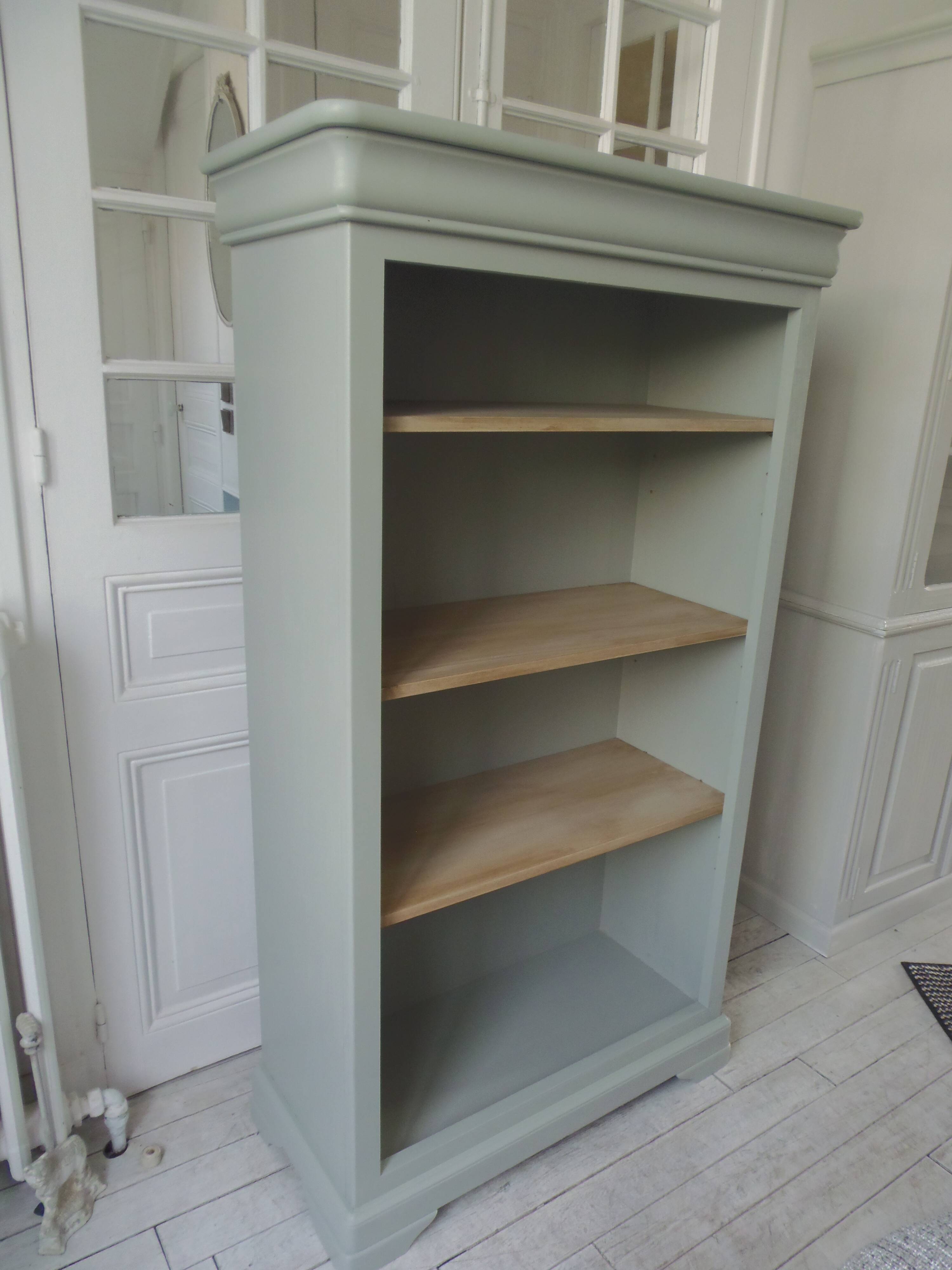 Louis Philippe style bookcase reenchanted in verdigris, 3 light oak waxed shelves.