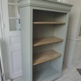 Louis Philippe style bookcase reenchanted in verdigris, 3 light oak waxed shelves.