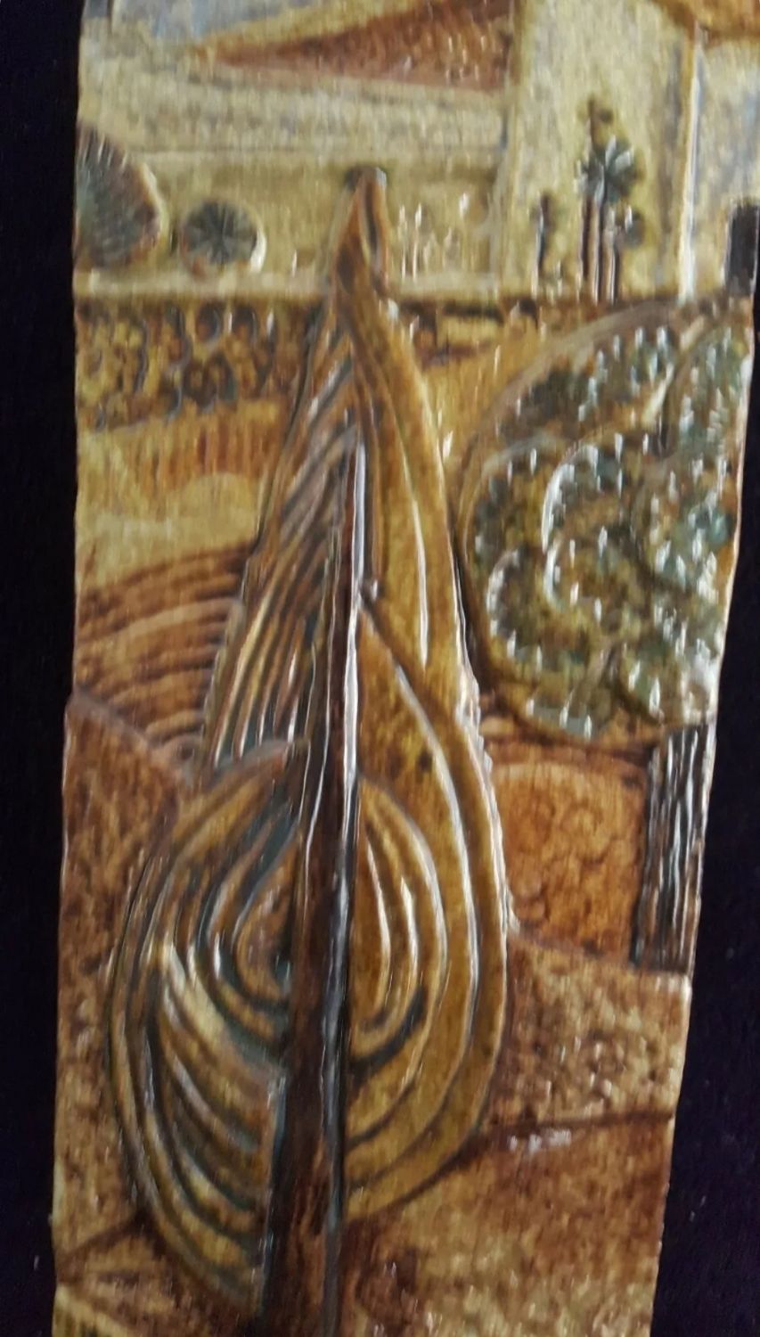 Old terracotta plate painted enamelled Signed relief decoration Provence 58x12cm