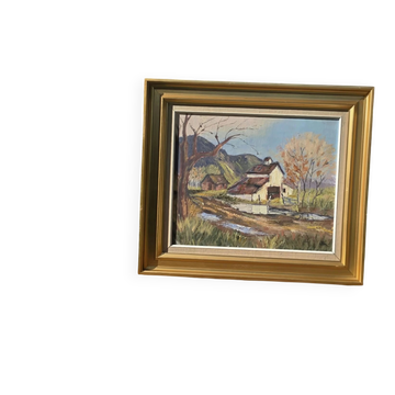 Peinture de paysage à l'huile vintage - Scène de grange en impasto