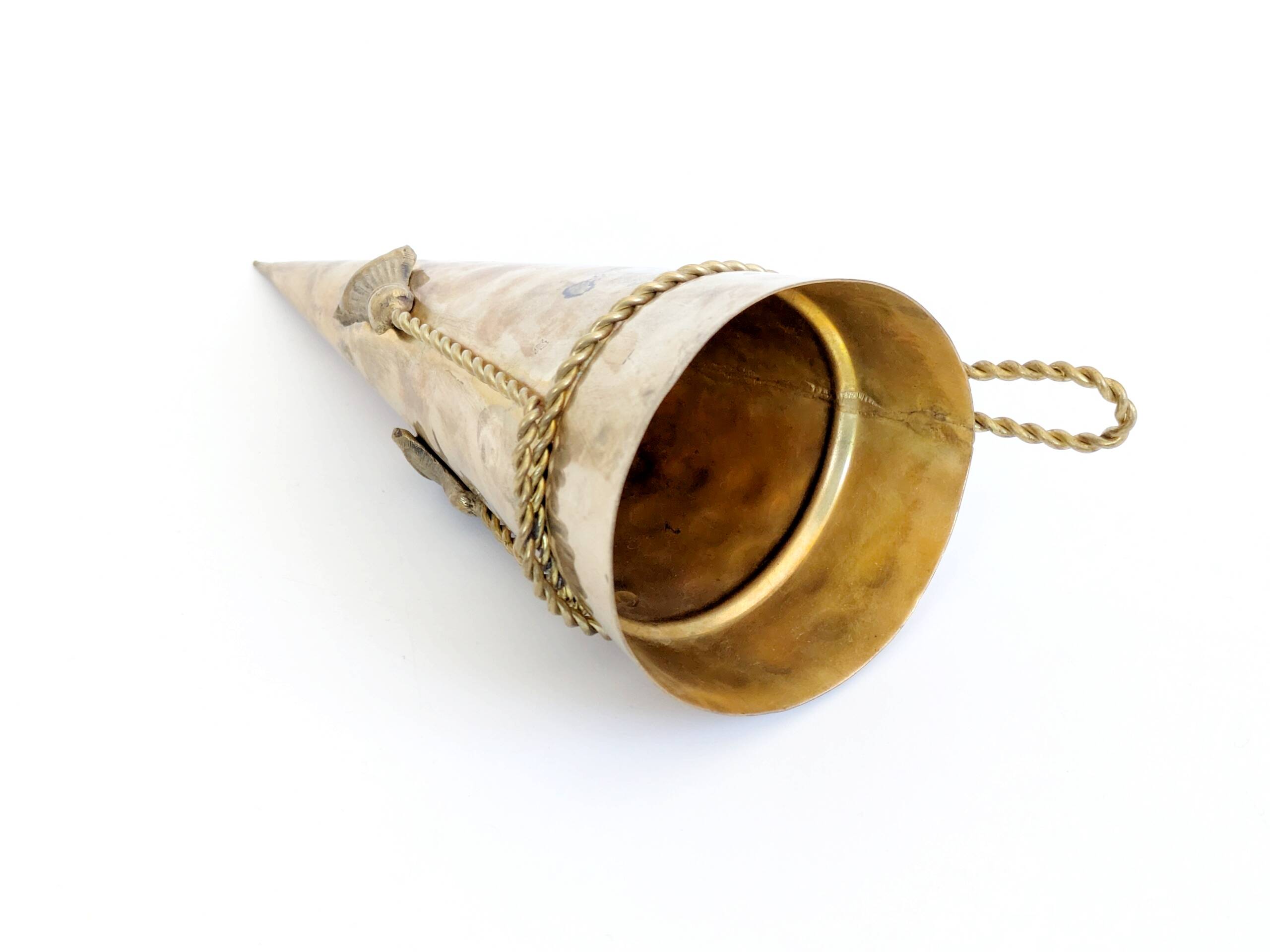 Vintage Brass Wall Cornet Vase Twisted Cord Pompons Bouquet Holder
