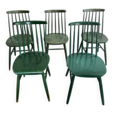 Five green Fanett chairs by Ilmari Tapiovaara for Edsby-ken