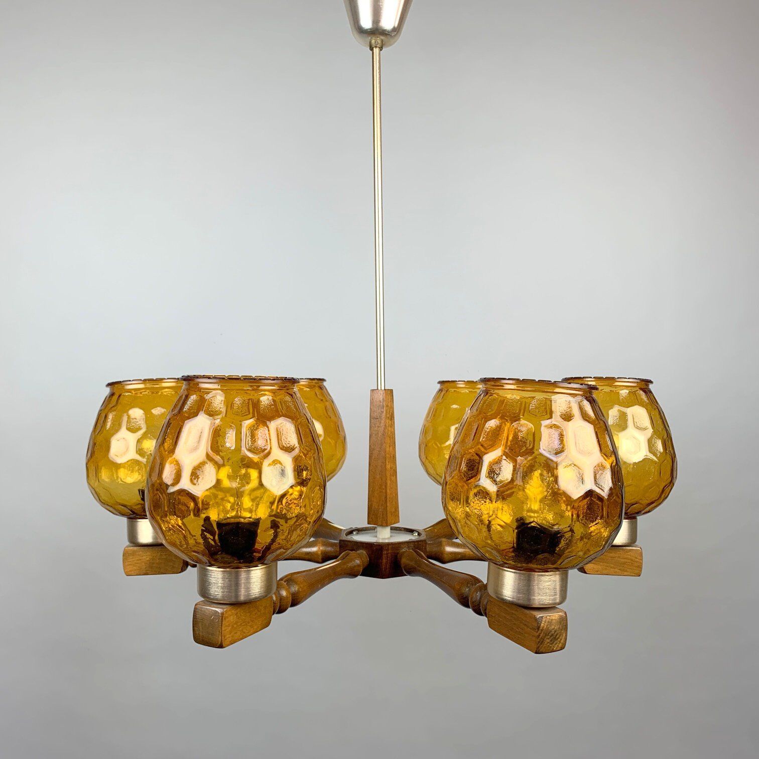 Mid Century Wood and Glass Chandelier, 1970's