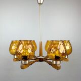 Lustre en bois et verre du milieu du siècle, années 1970