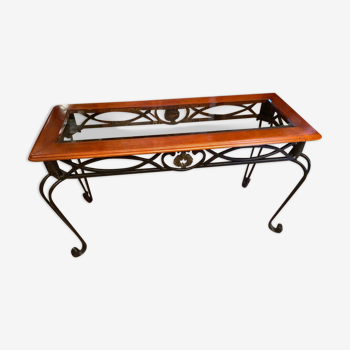 Console table wrought iron tinted glass top beveled mahogany solid Louis XIV