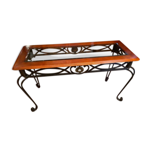 Table console fer forgé plateau verre teinté biseauté acajou massif Louis XIV