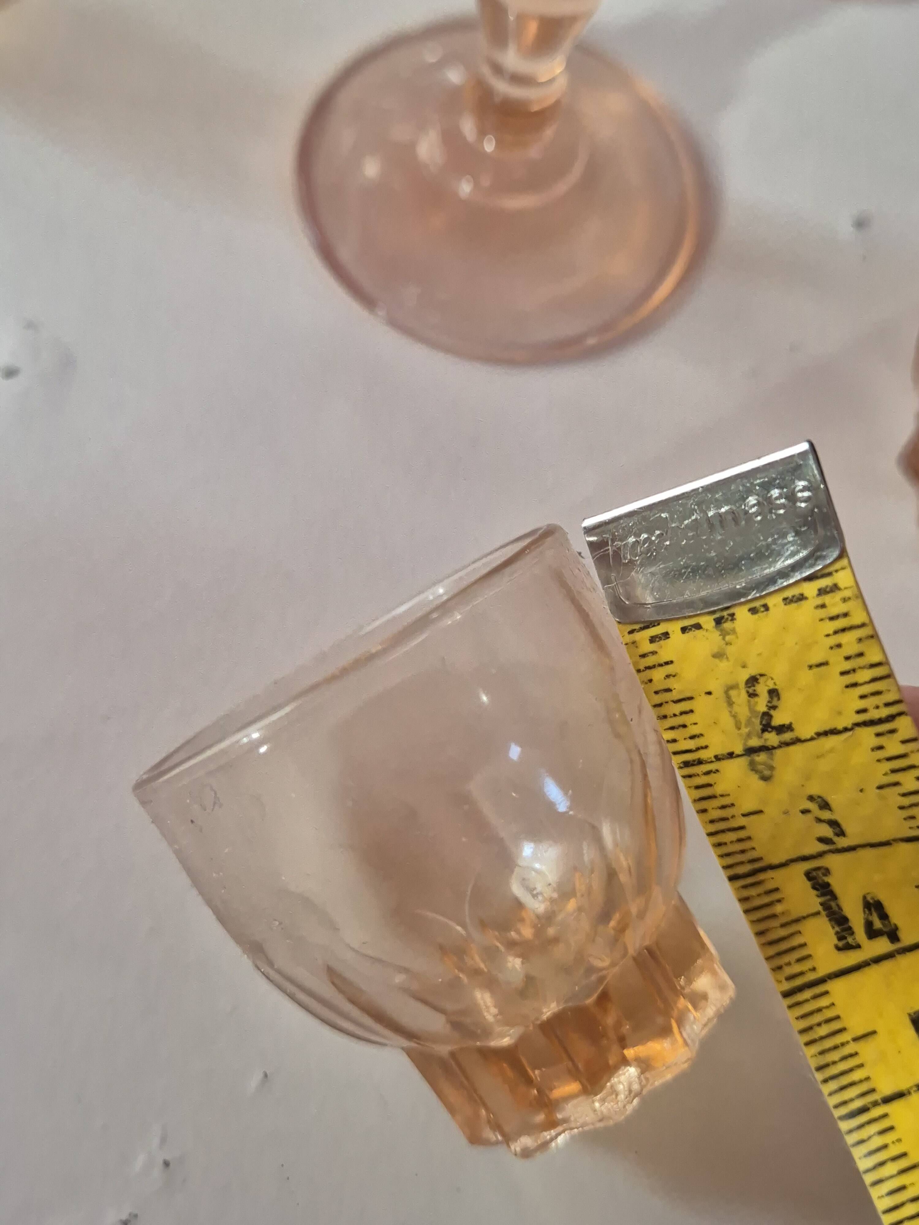 set of 12 stemmed glasses and 3 small vintage pink liqueur glasses in rosaline