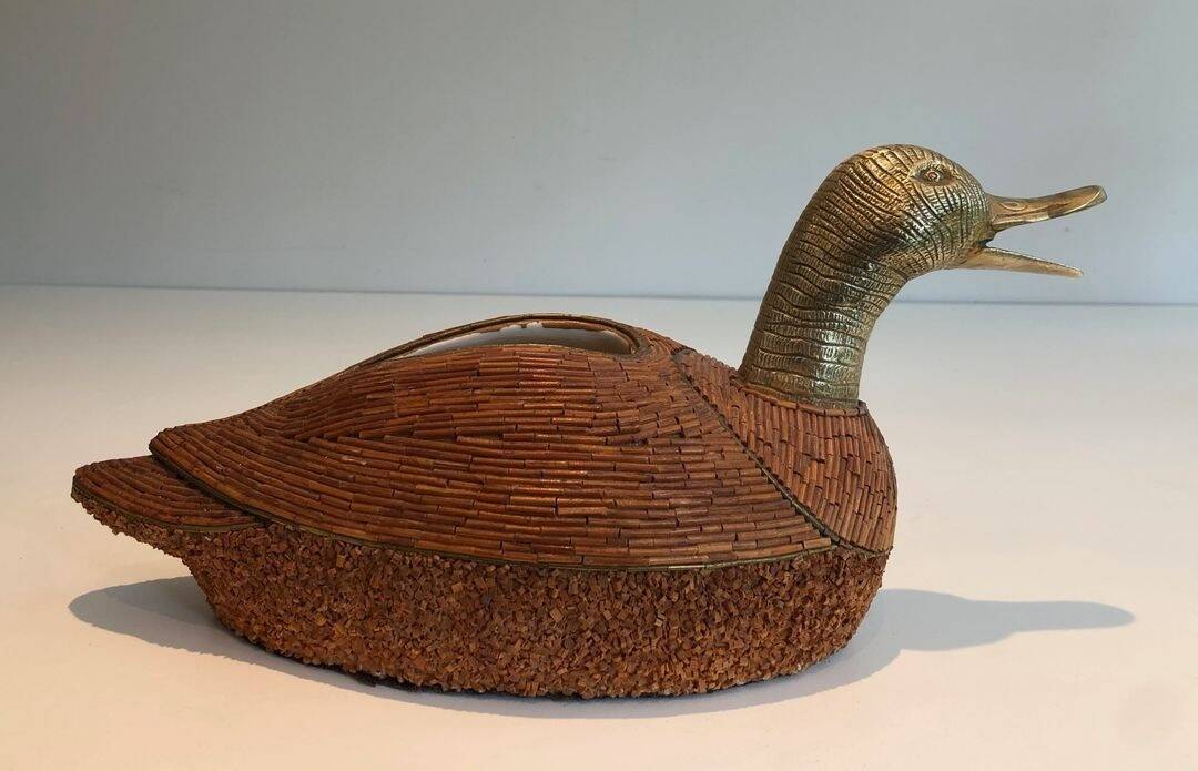 Ceramic and Brass Duck Catchall, Tarzia Firenze, Italian Work,