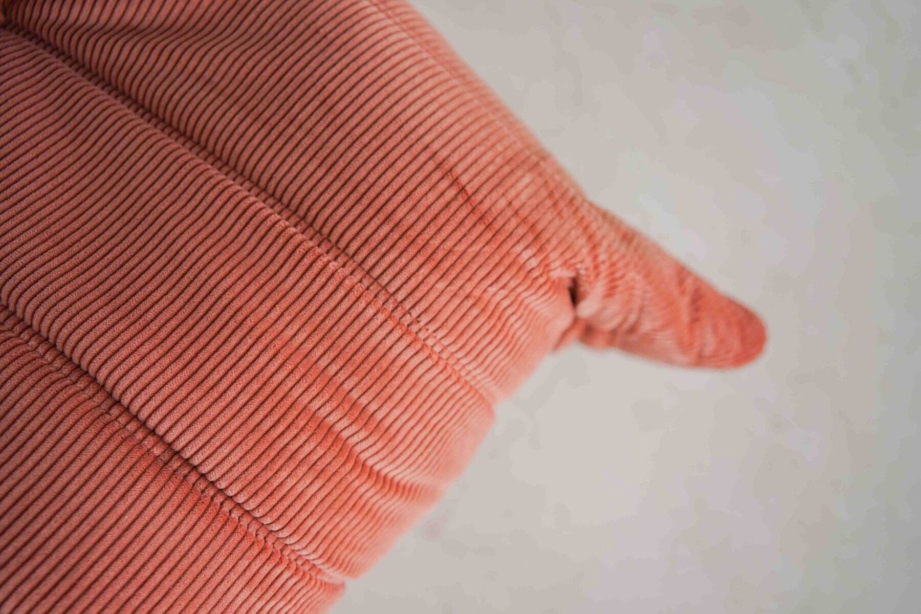 Coral corduroy Togo three-seat sofa by Michel Ducaroy for Ligne Roset