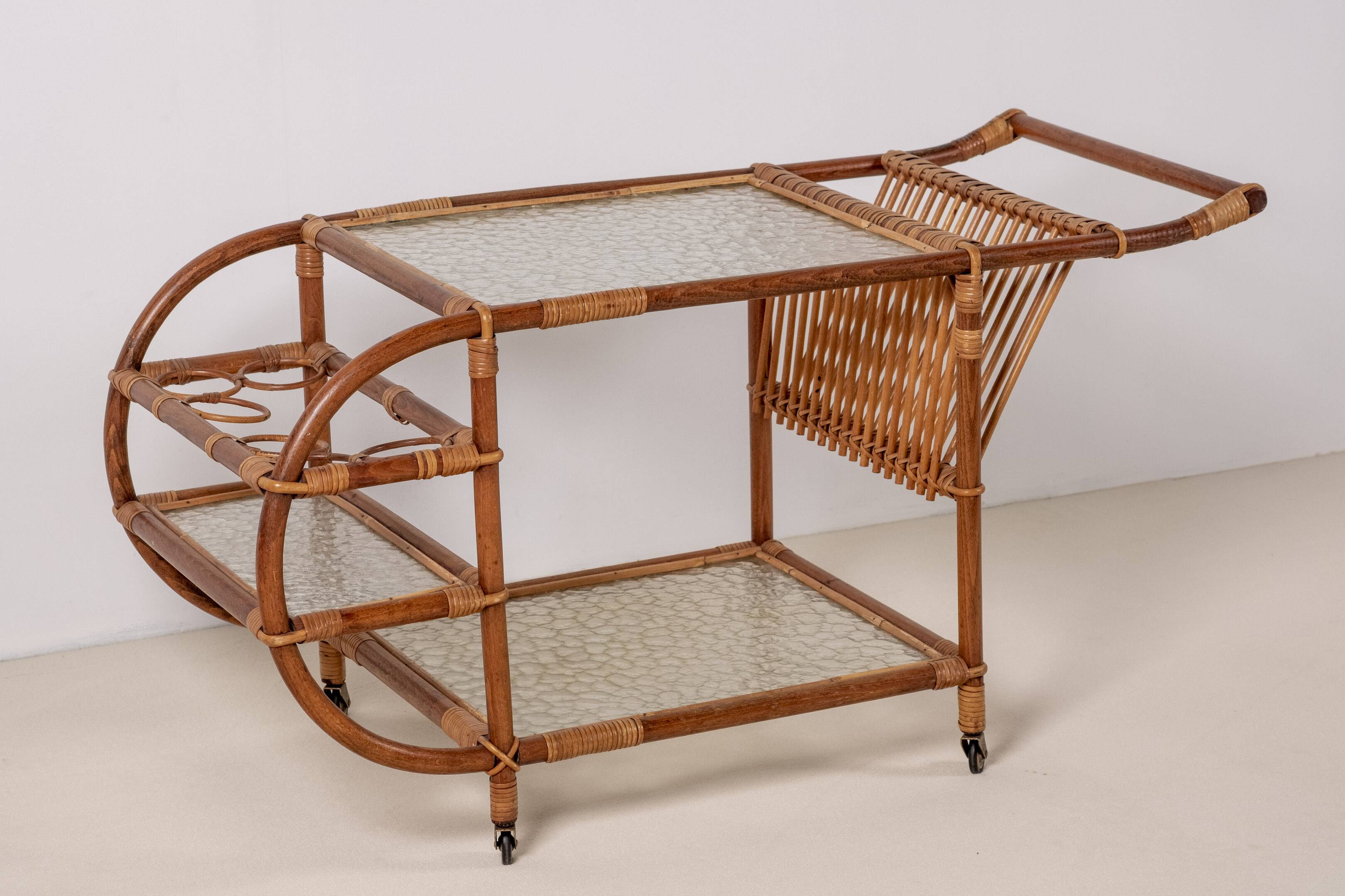Bar Cart in Bamboo & Rattan, 1950s Denmark
