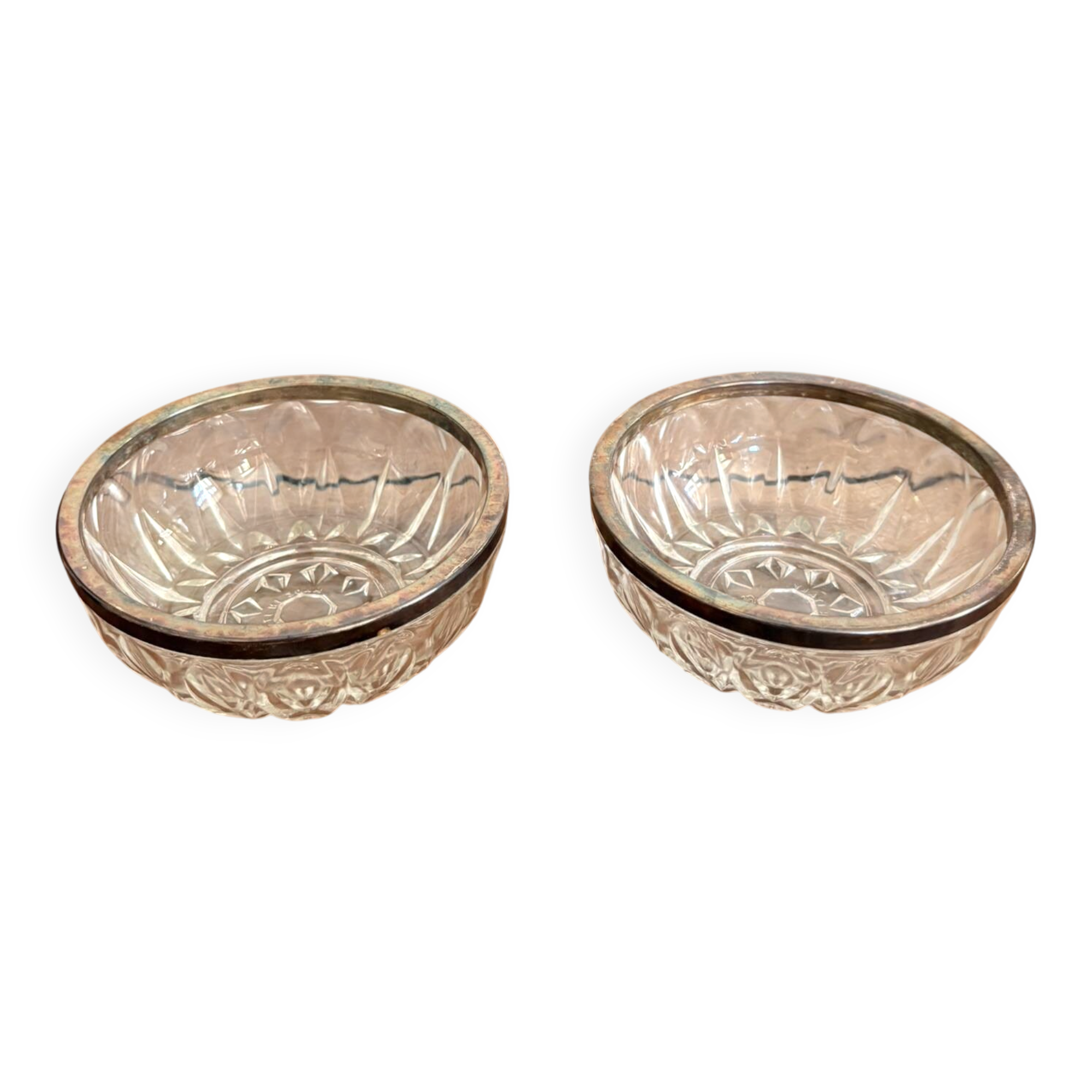 Pair of Cup Bowls Ramekin Silver-Plated Italy Cut Glass