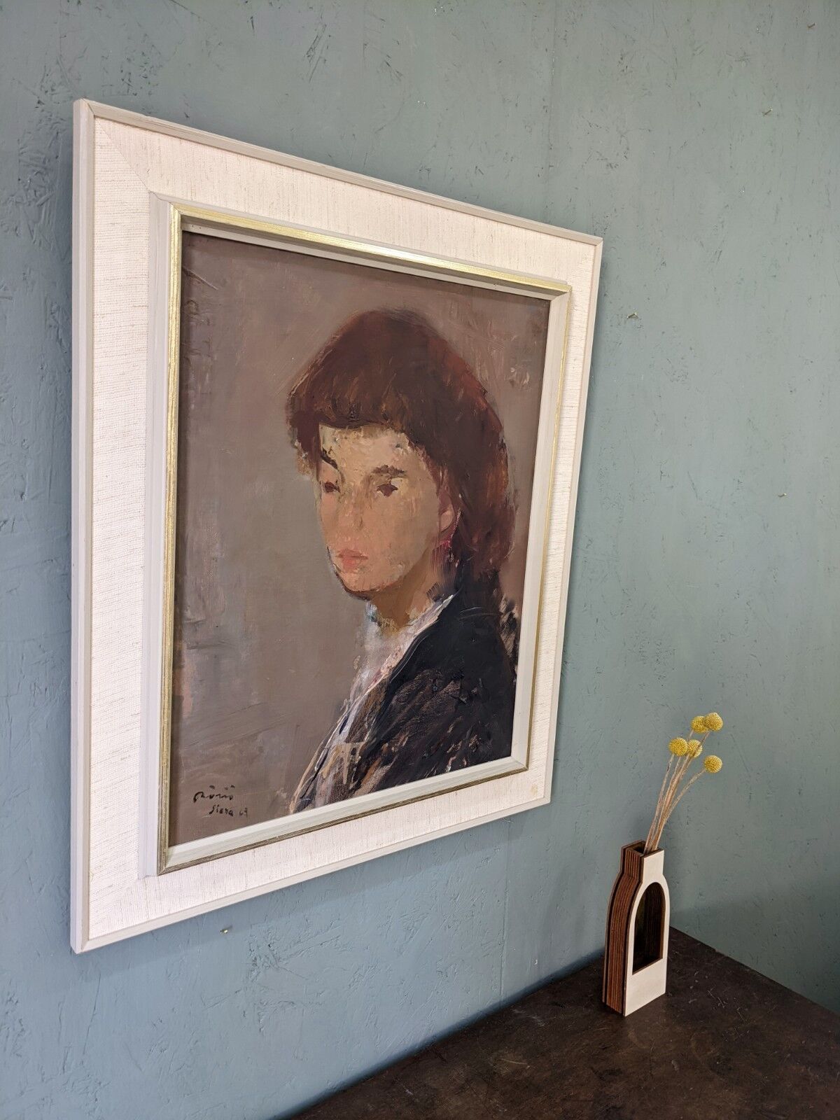 Mid-Century Modern Swedish Oil Painting "Auburn Hair" Vintage Portrait, Framed