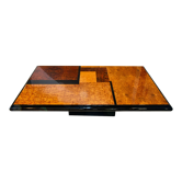 Table basse, marqueterie de loupe d'orme, ronce et laque noir, 1980