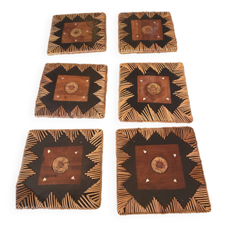 Set of 6 wooden coasters and ethnic braiding
