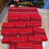 Old rectangular Basque red tablecloth and 12 matching Dralon towels