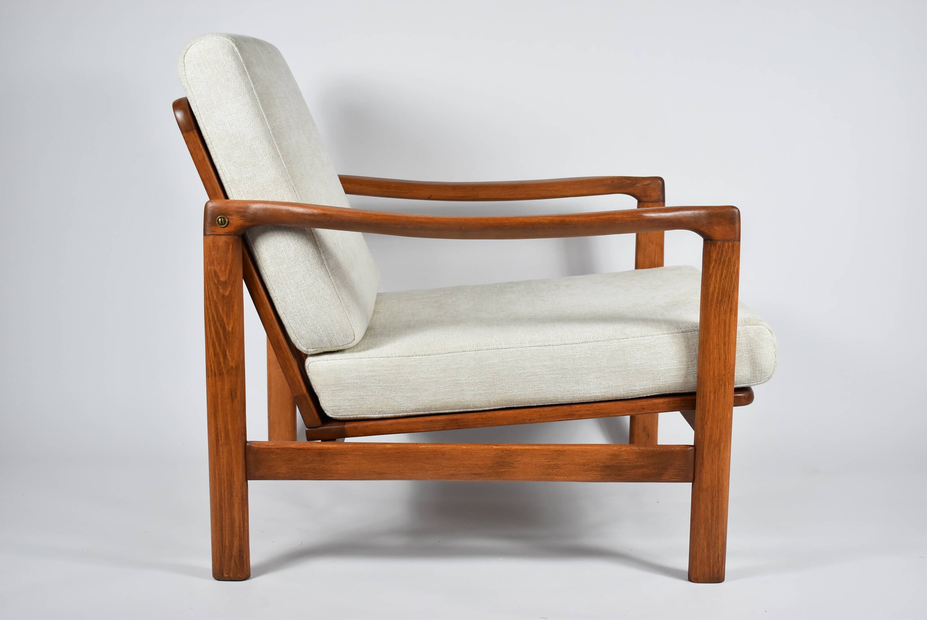 Scandinavian original armchair Baczyk, 1960s, renovation, beige, teak wood