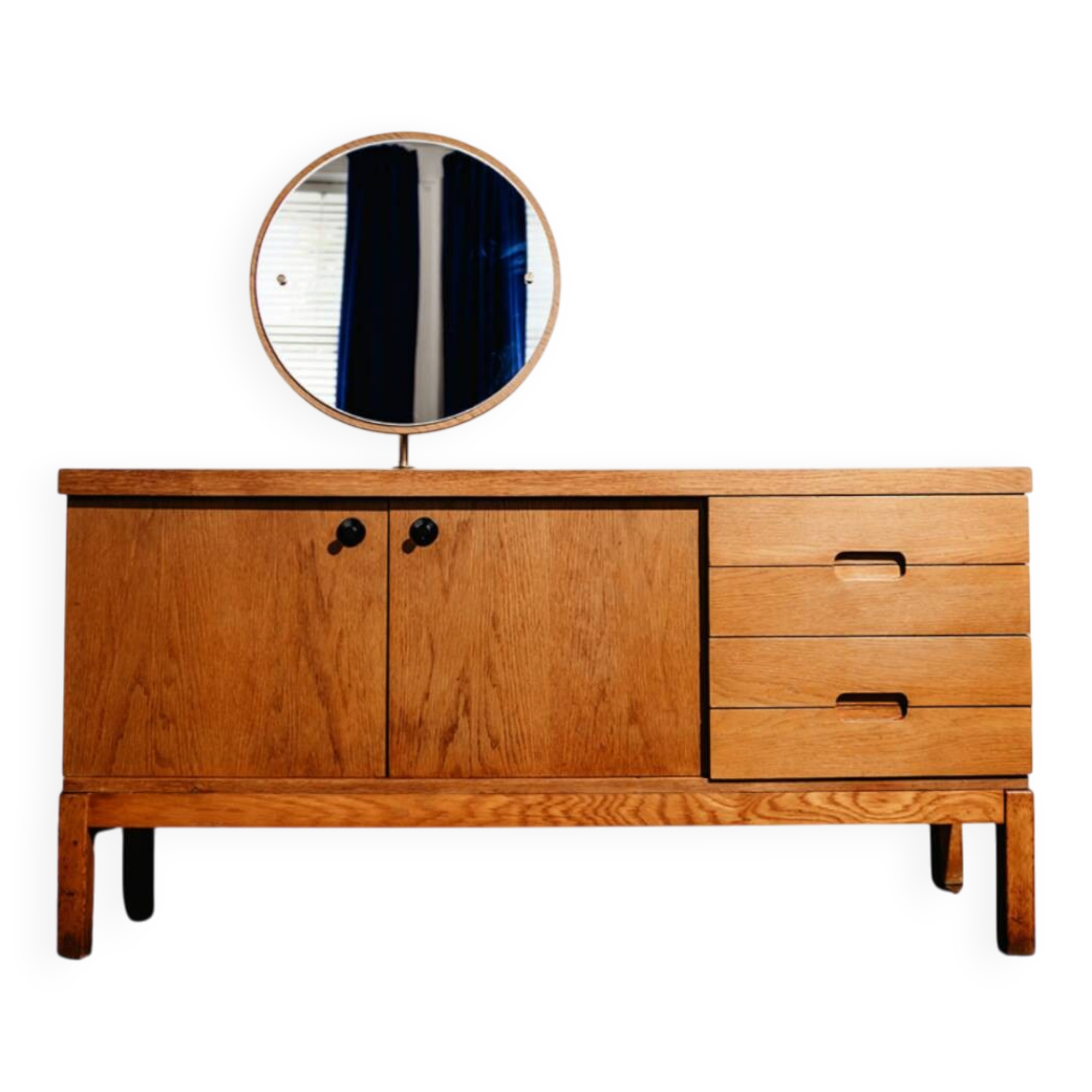 Vintage oak cabinet with circular mirror, 1960s modernist design.