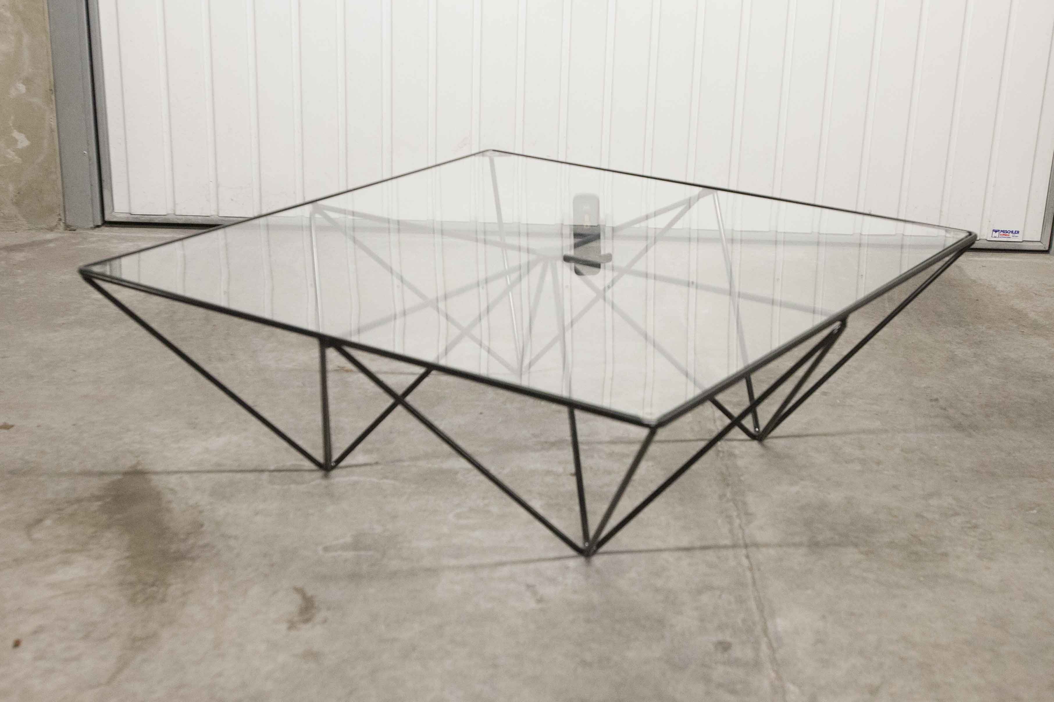 Square coffee table in glass and black satin metal 1980