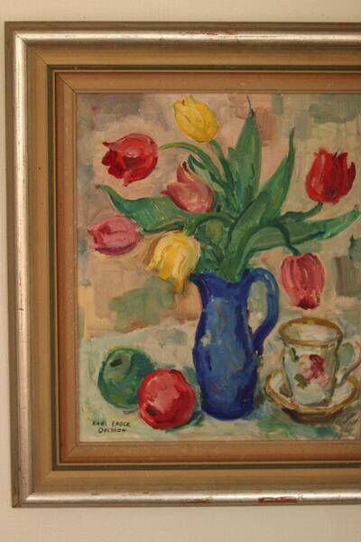 Original mid-century Swedish oil on panel – “Tea” by Karl Enoch Ohlsson – vintage & framed – 56 × 64 cm