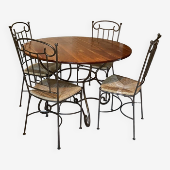 Table and four chairs wrought iron and wood