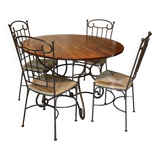 Table and four chairs wrought iron and wood
