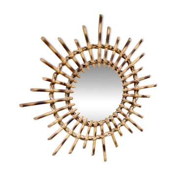 glace miroir soleil Mid-Century en Bambou & Jonc,Vintage -