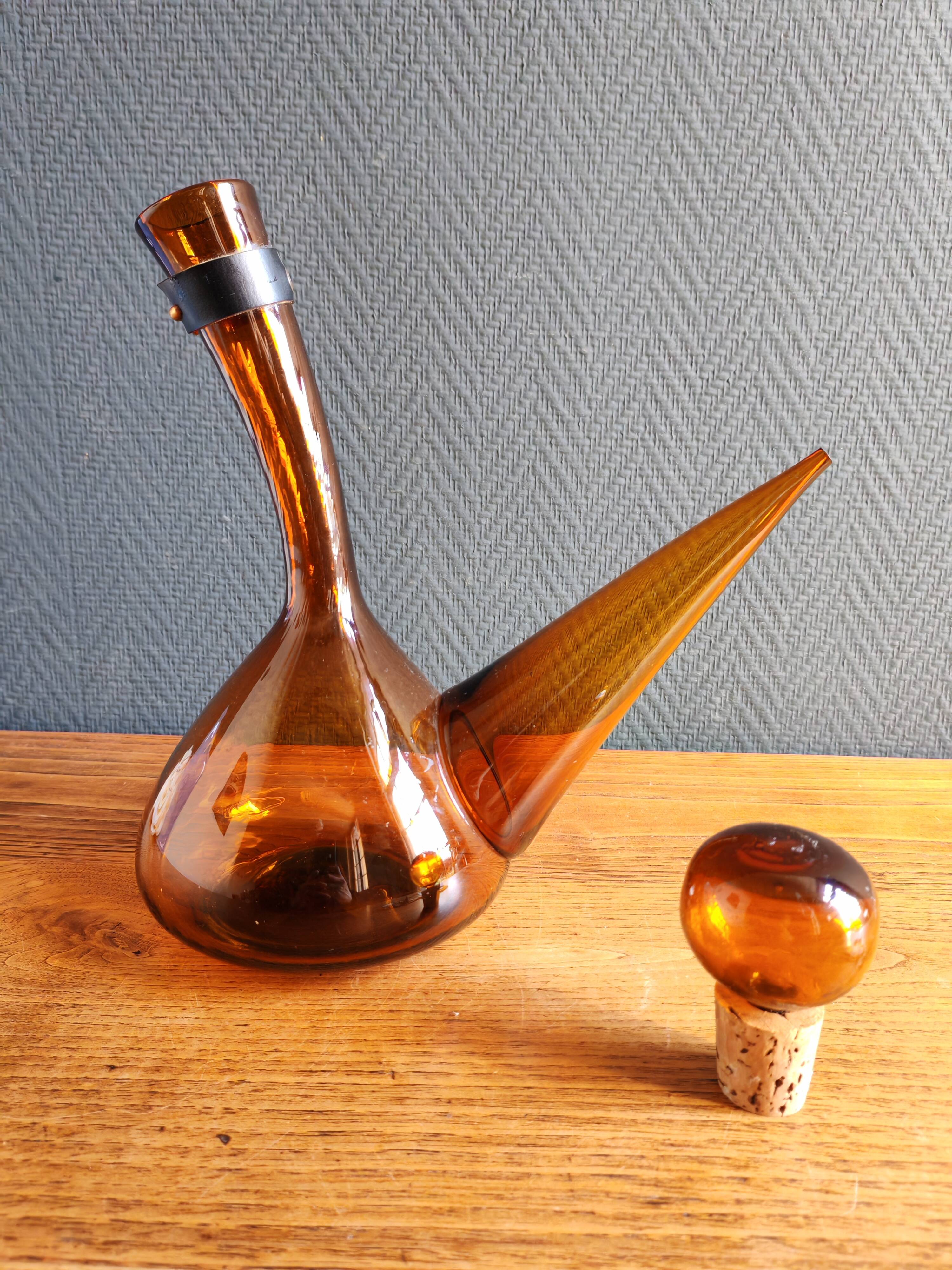 Vintage Amber Glass Wine Carafe - Artisan Decanter in Porron Style