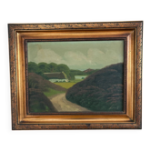 Vintage original landscape oil painting, signed countryside cottage art