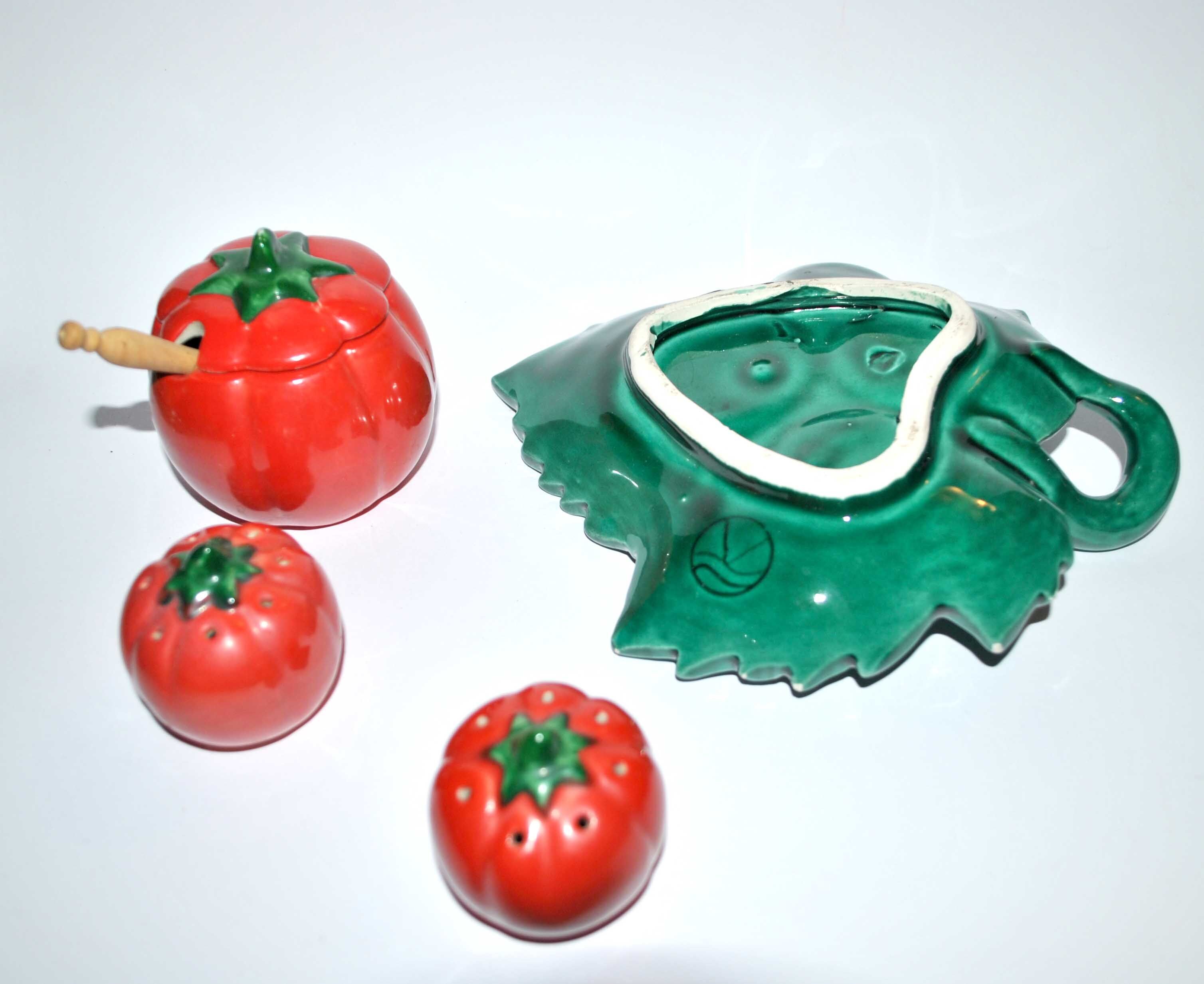 Service salt pepper mustard tomato slurry from vallauris - salt shaker ceramic pepper vintage