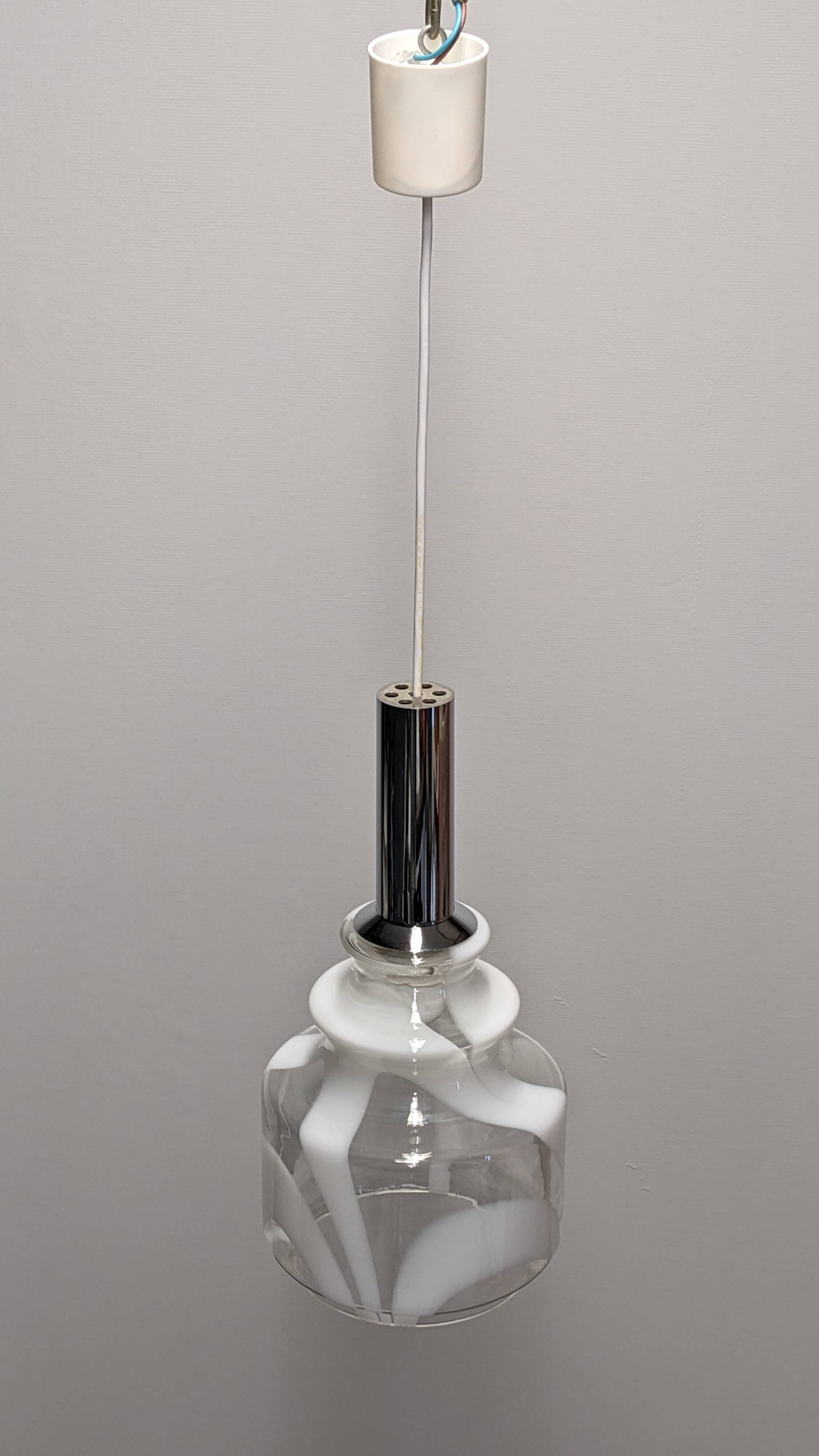 Murano white harlequin blown glass pendant light, Italy circa 1970