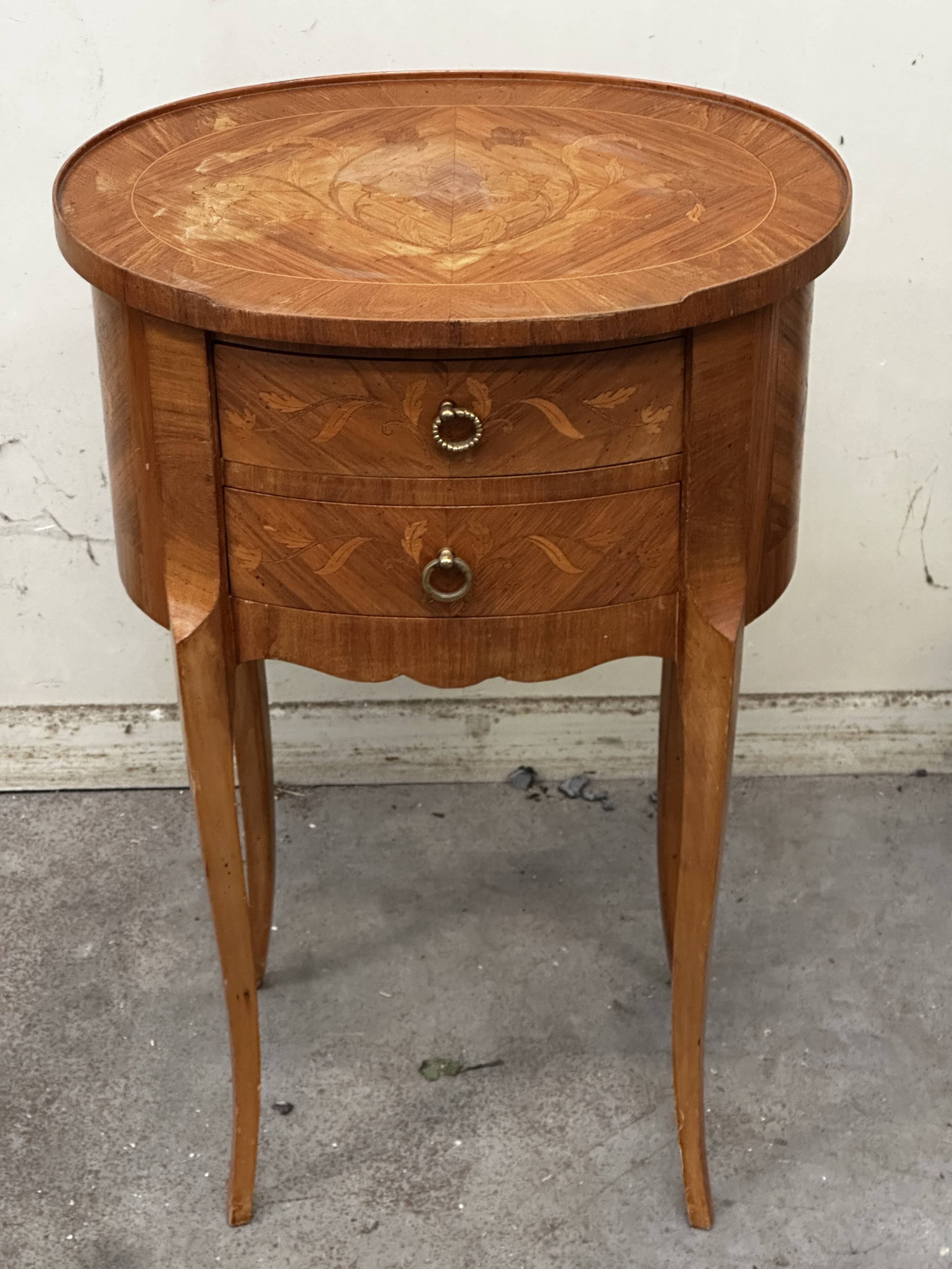 Oval side table in marquetry wood, Louis XVI style - early 20th century