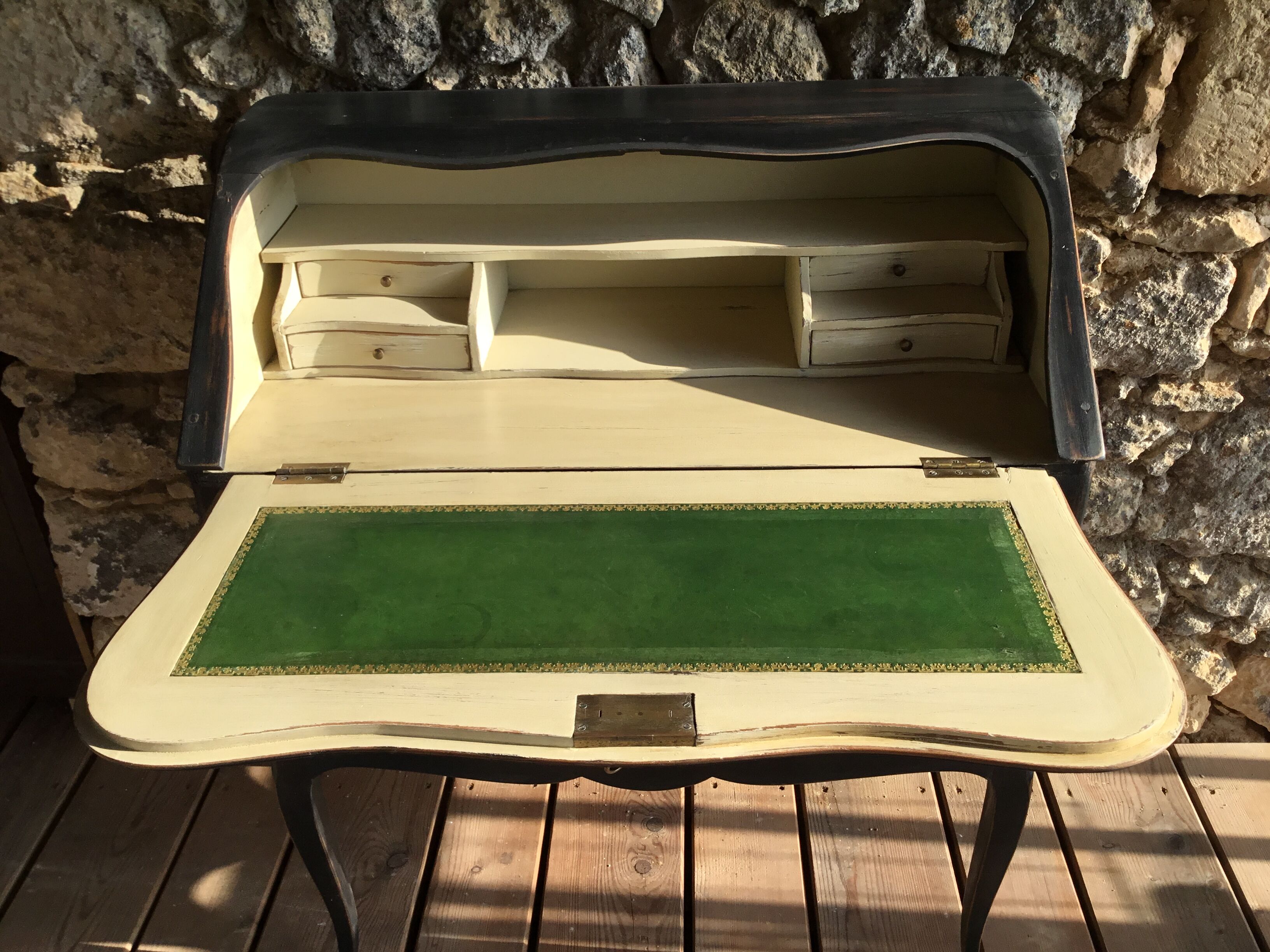 Louis XV style scriaban lacquered black and beige inside