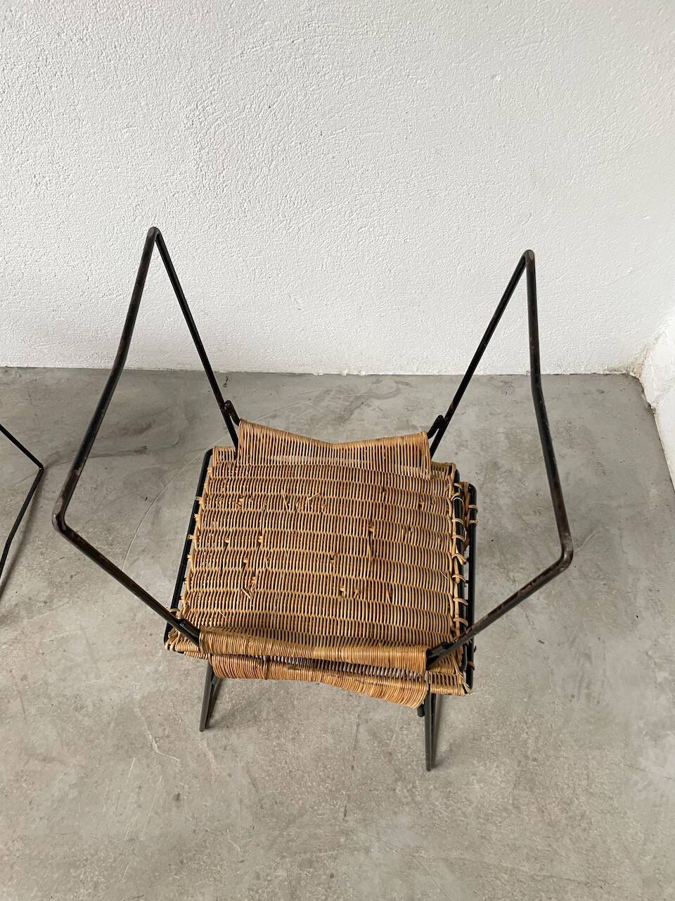 Set of three Raoul Guys wicker and metal stools