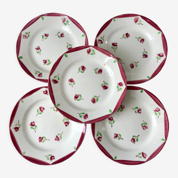 Lot de 5 assiettes plates digoin sarreguemines modèle aigues-vives peintes à la main années 30-40