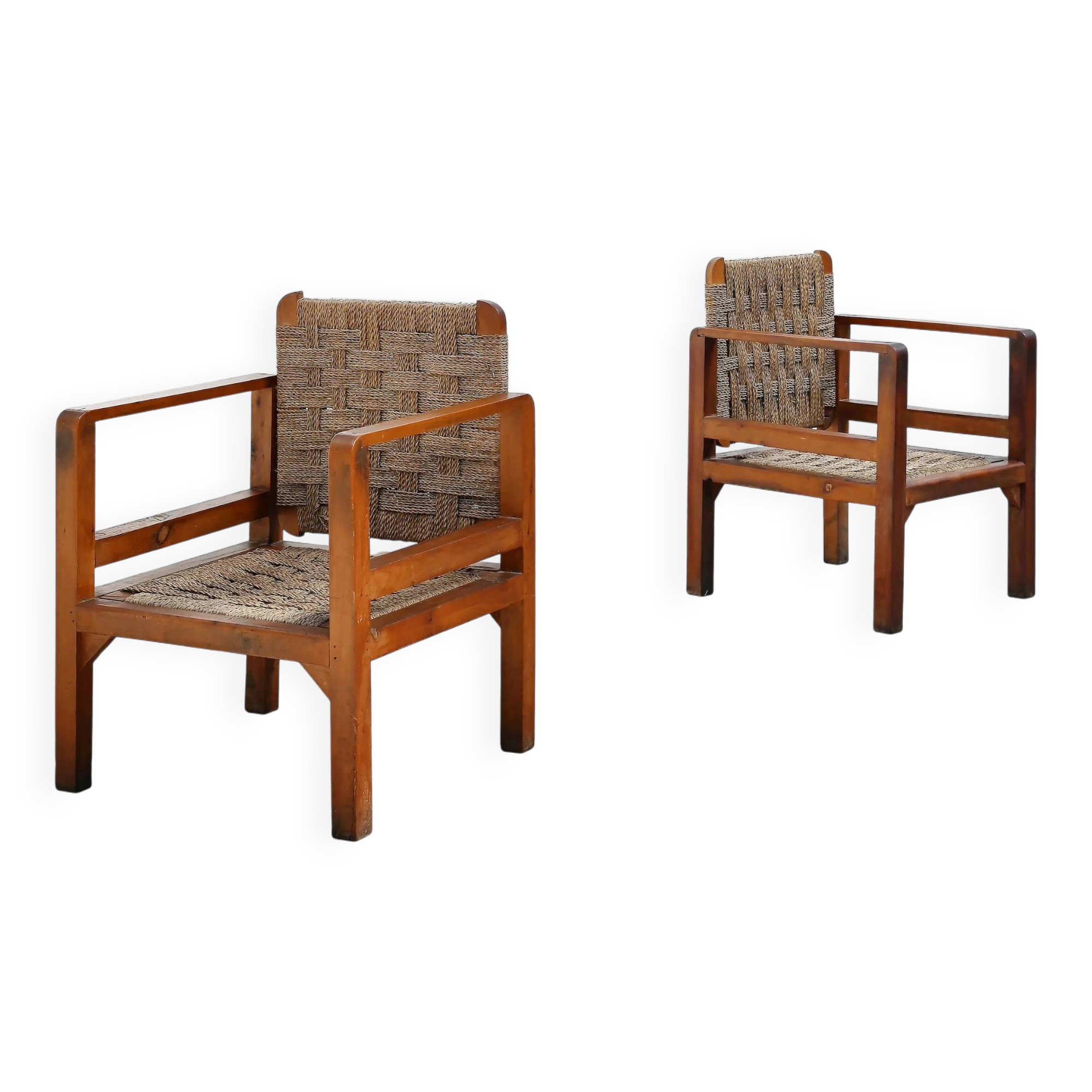 Paire de fauteuils en chêne français et en paille tissée, France, années 1960.
