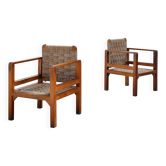 Pair of French oak and woven straw armchairs, France, 1960s
