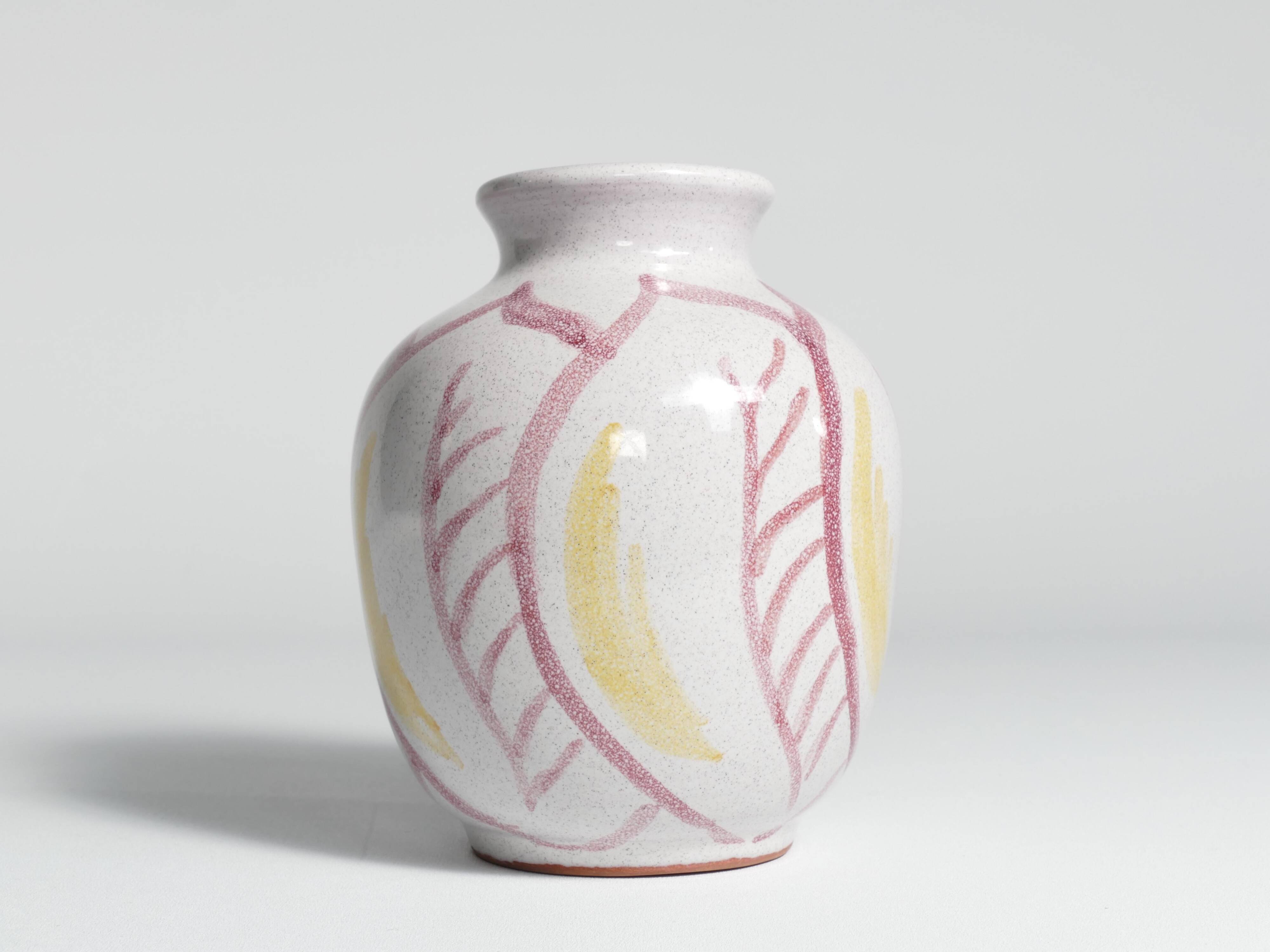 Scandinavian Modern Ceramic Vase with Red & Yellow Leaves, Alingsås Keramik 1947