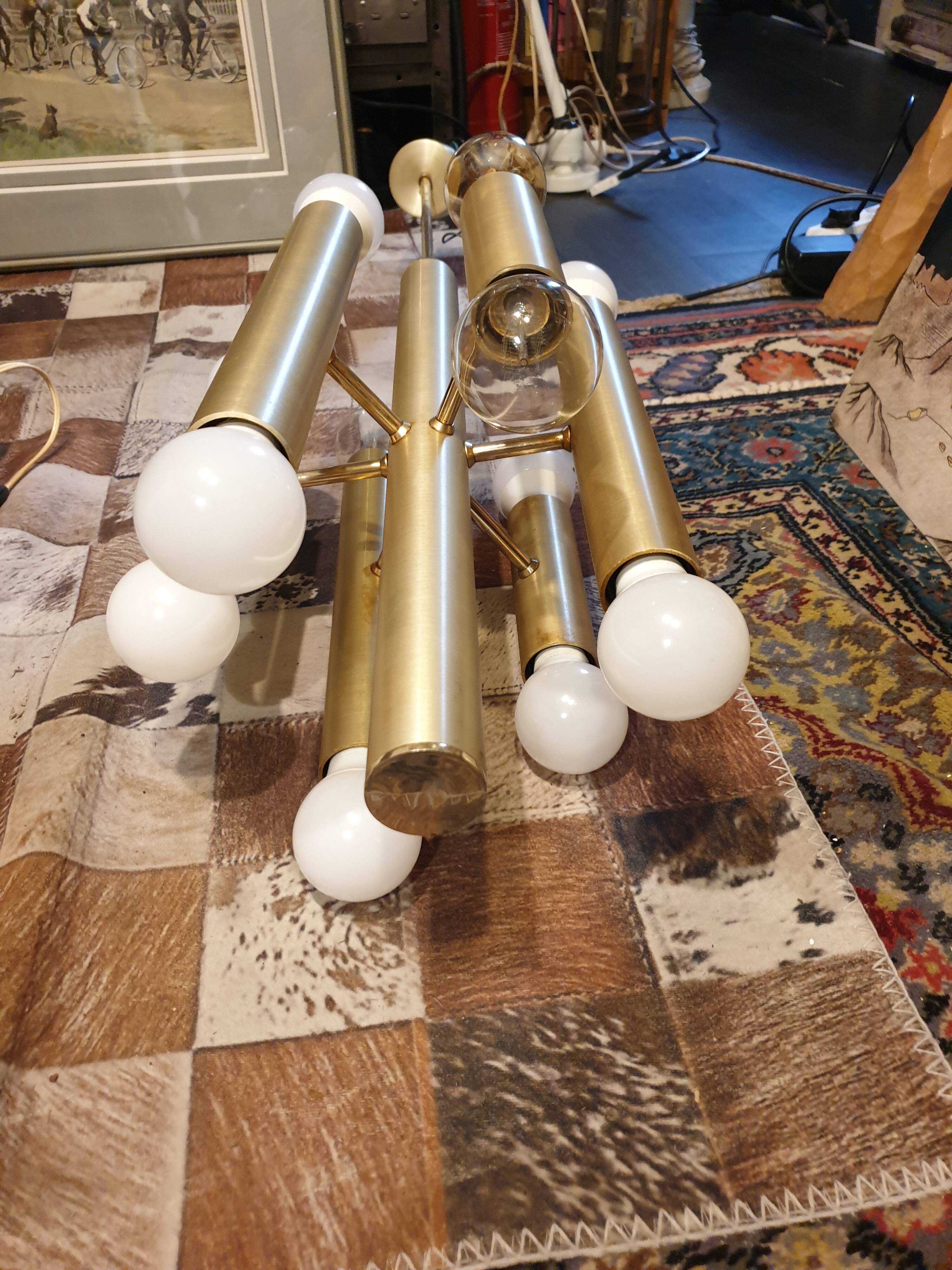 Gold metal pendant chandelier, Italy - 1970