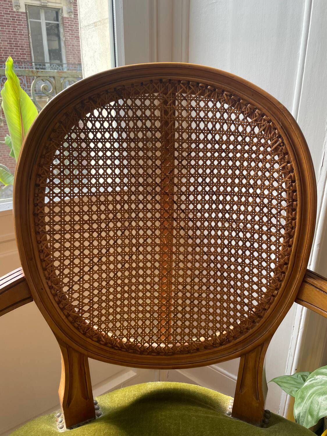 Louis XVI style armchair in velvet and rattan