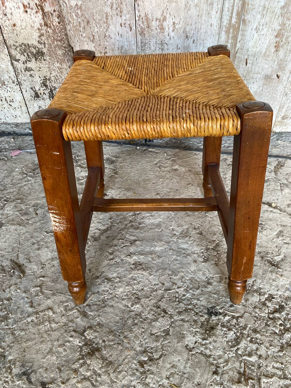 Old Trapezoid Stool Wood + Woven Straw Seat #D823