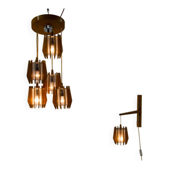 1970s Czechoslovakian Chandelier & Wall Lamp by Dřevo Humpolec