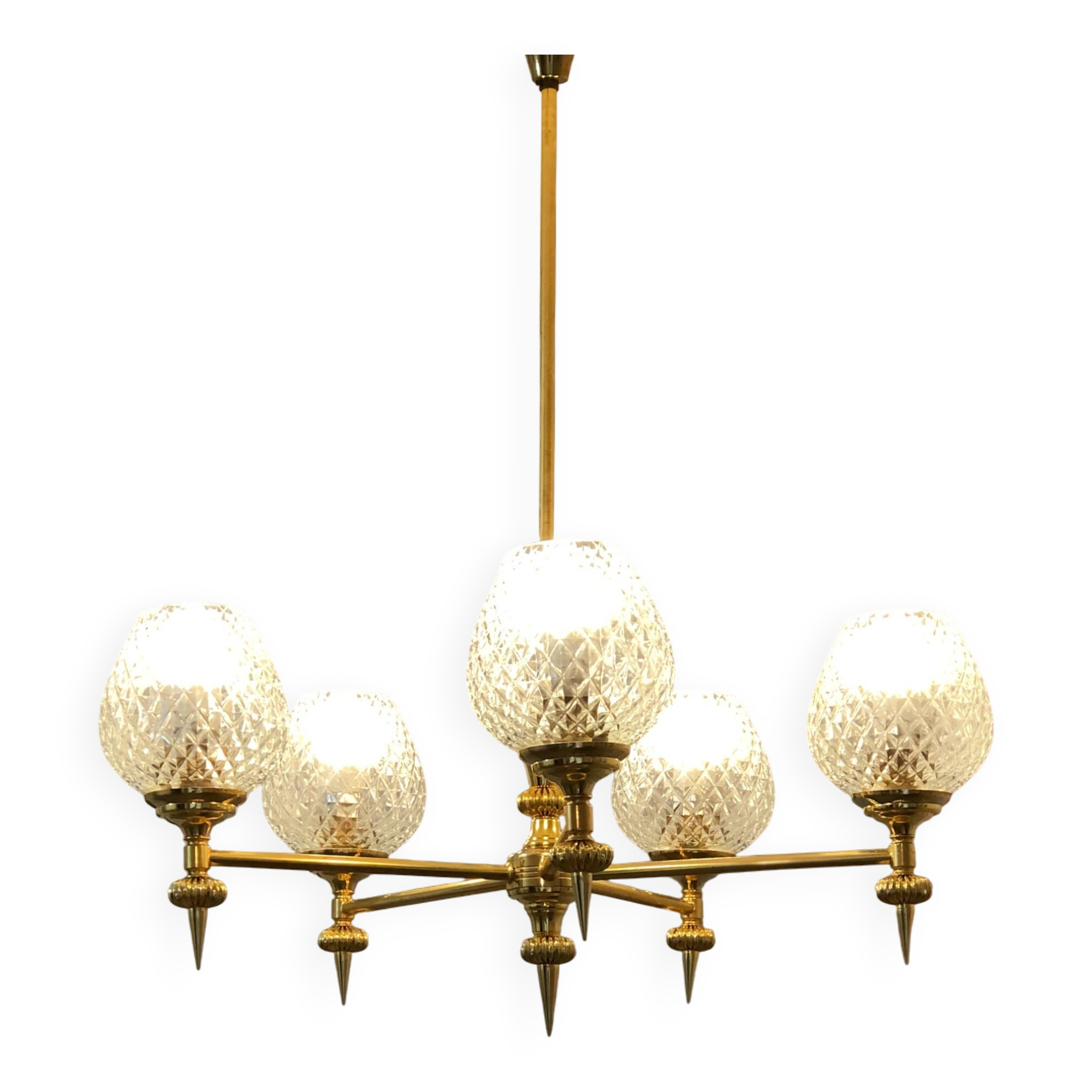Vintage 5-light chandelier in glass and brass