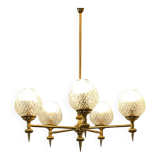 Lustre 5 feux vintage en verre et laiton