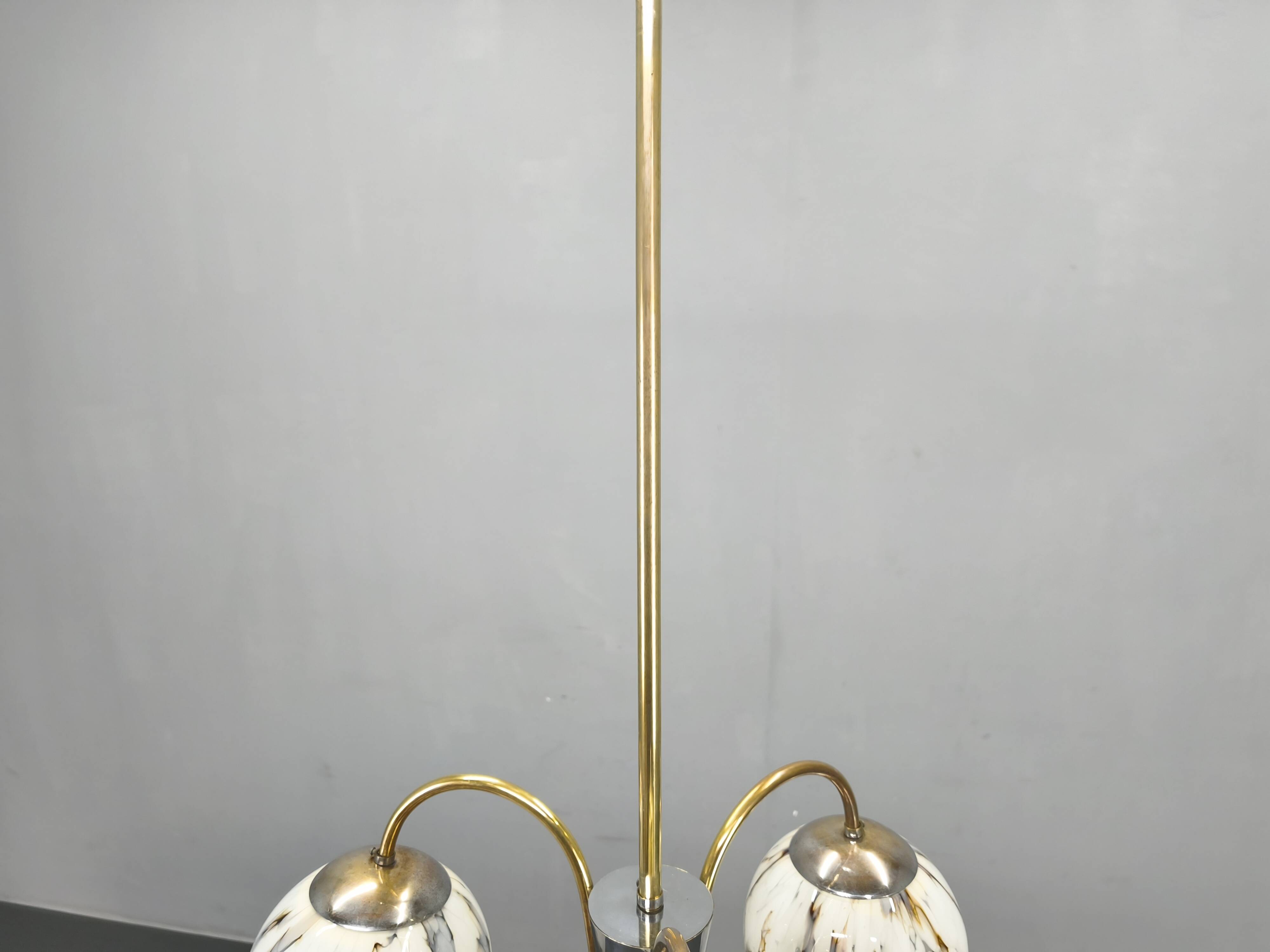 Art Deco Chandelier, Marble Glass, Brass & Chrome, 1930s