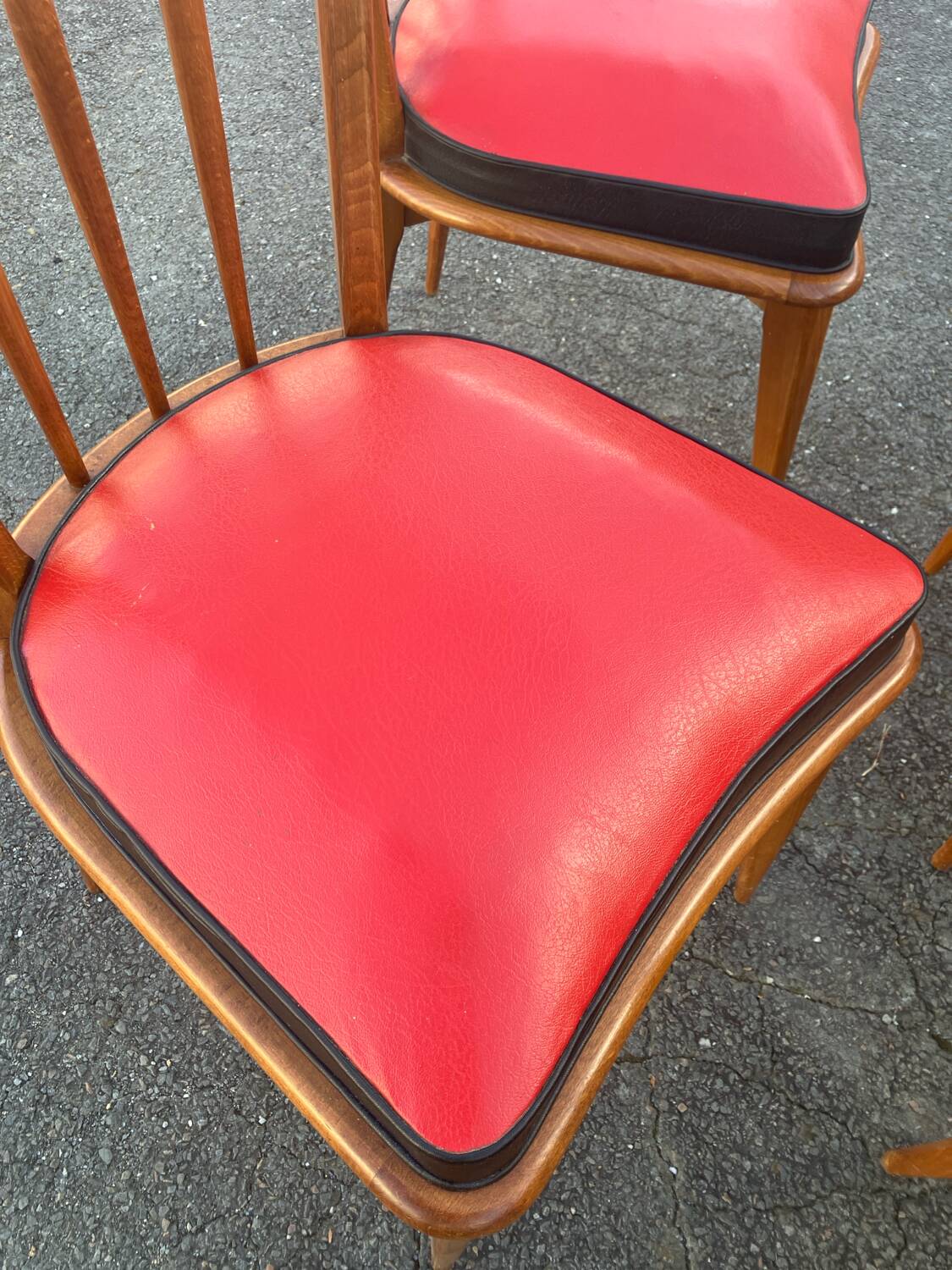 Set of five bistro chairs in wood and imitation leather, Charles Ramos Baumann style