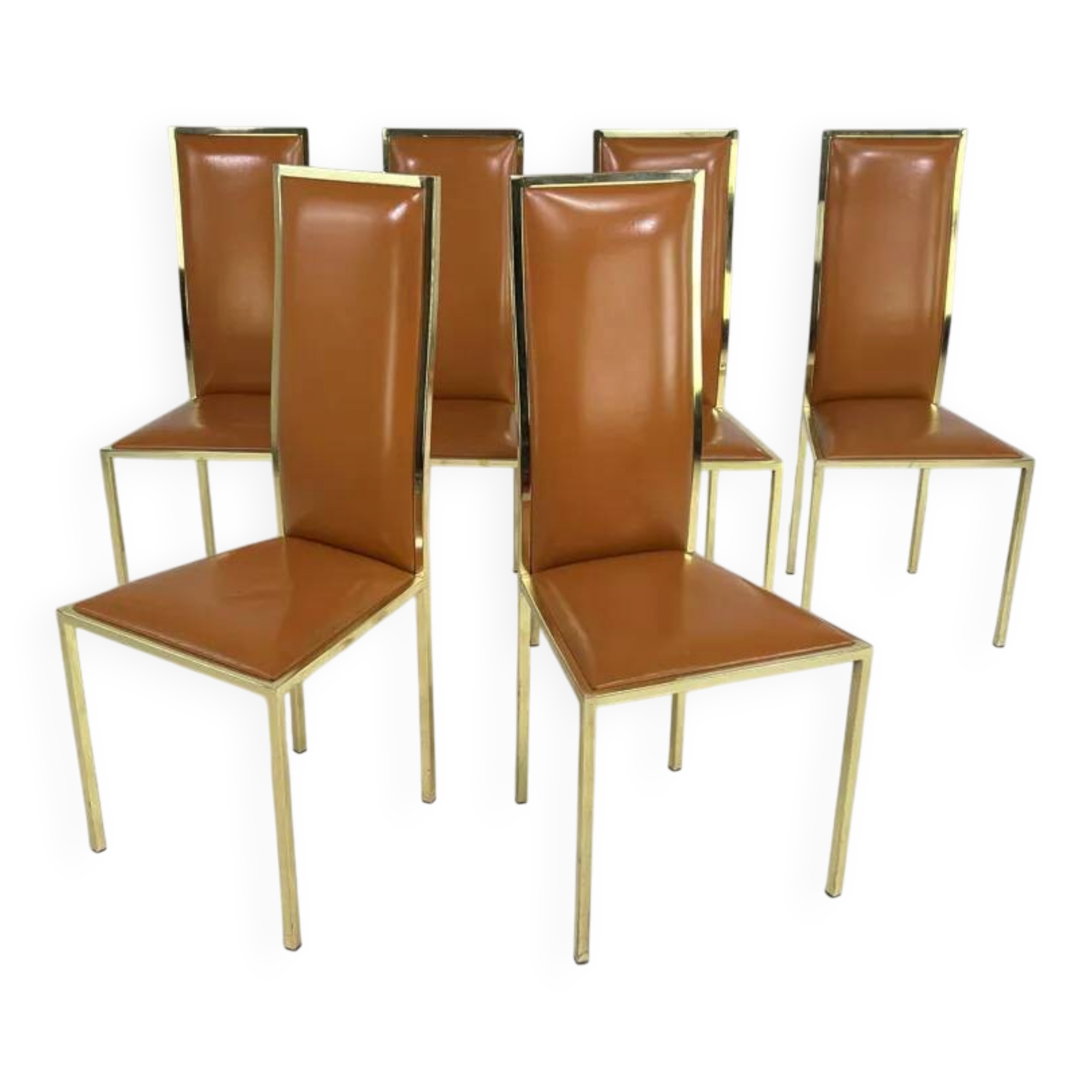 Set of 6 1970s chairs designed by Renato Zevi in brass and cognac leather.