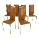 Set of 6 1970s chairs designed by Renato Zevi in brass and cognac leather.