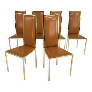 Set of 6 1970s chairs designed by Renato Zevi in brass and cognac leather.