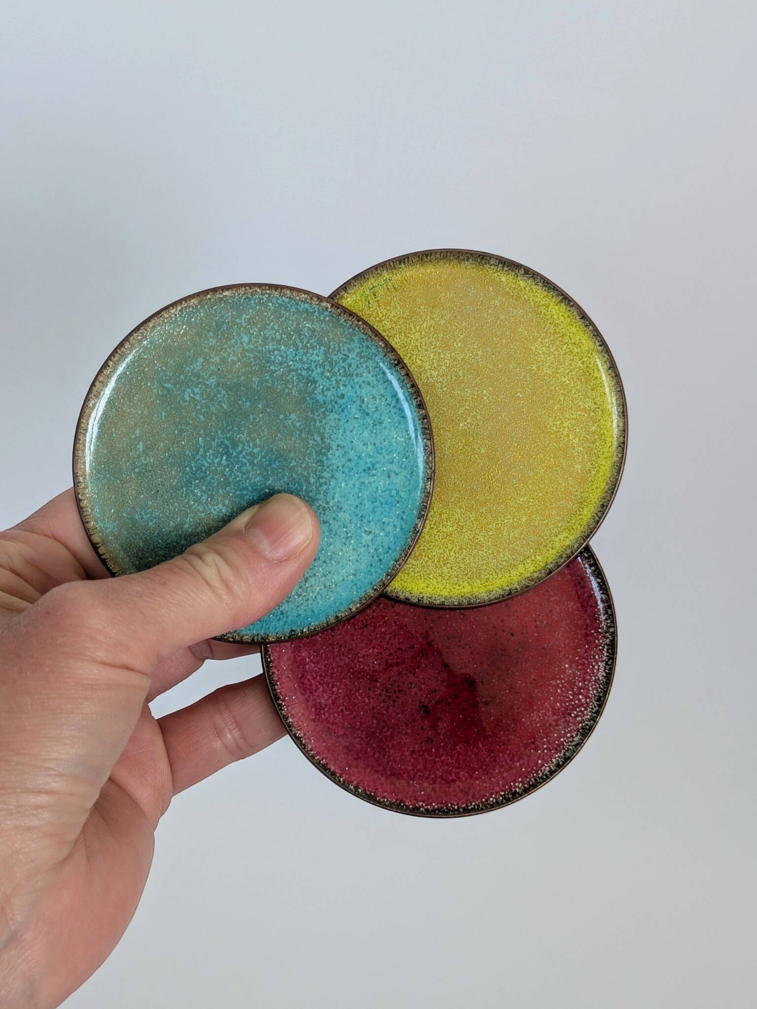 Set of 6 Vintage MCM Multicoloured Enamel on Copper Coasters from the 60s
